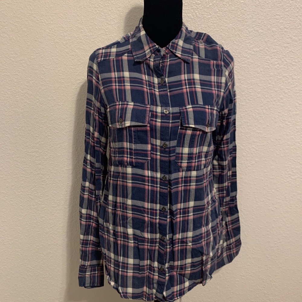 Maurices Fashions Blue & Pink Plaid Flannel Like Long Sleeve Top Women's Size S